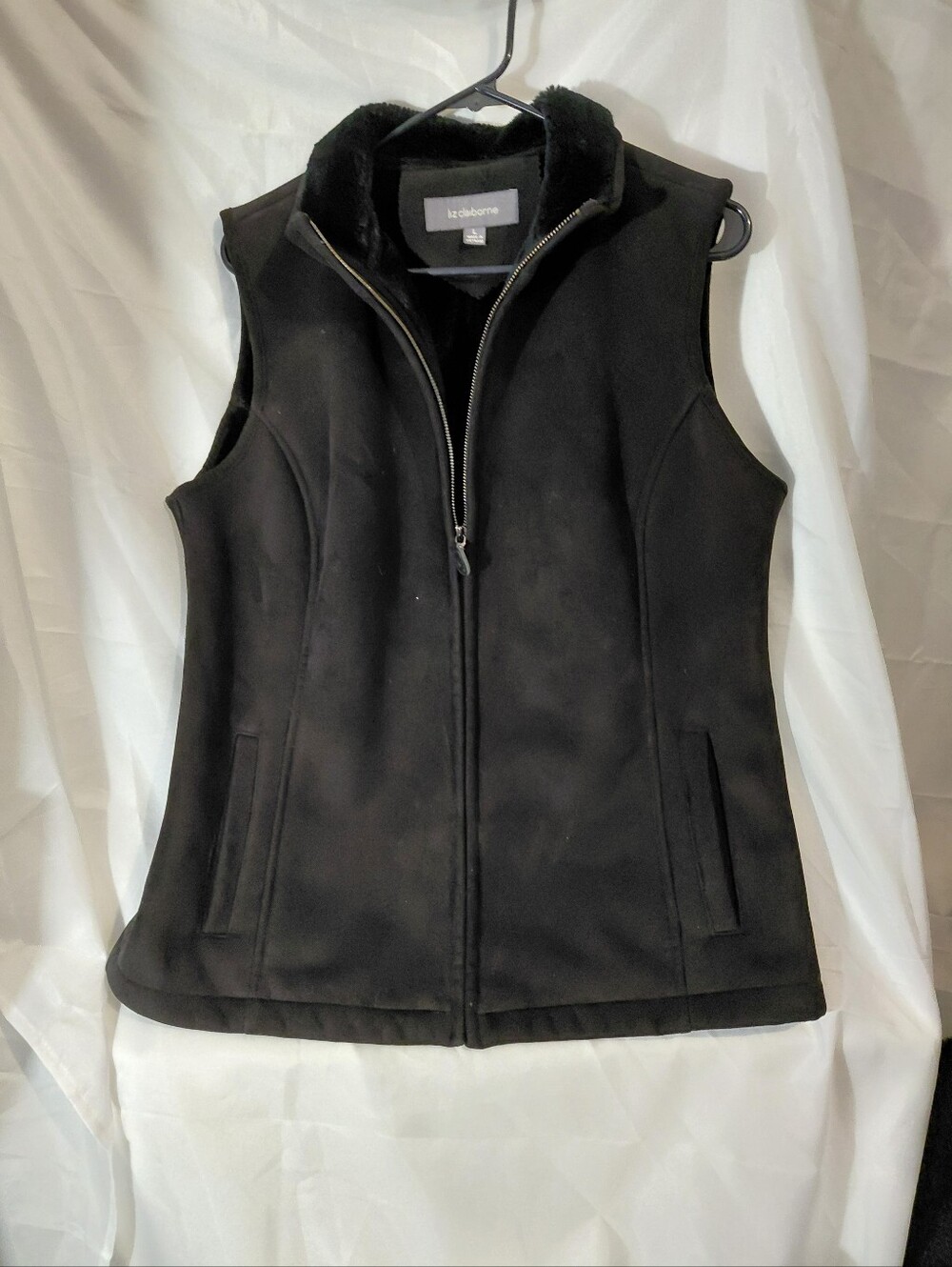 Liz Claiborne Black Zip-Front Faux-Fur Collar Vest